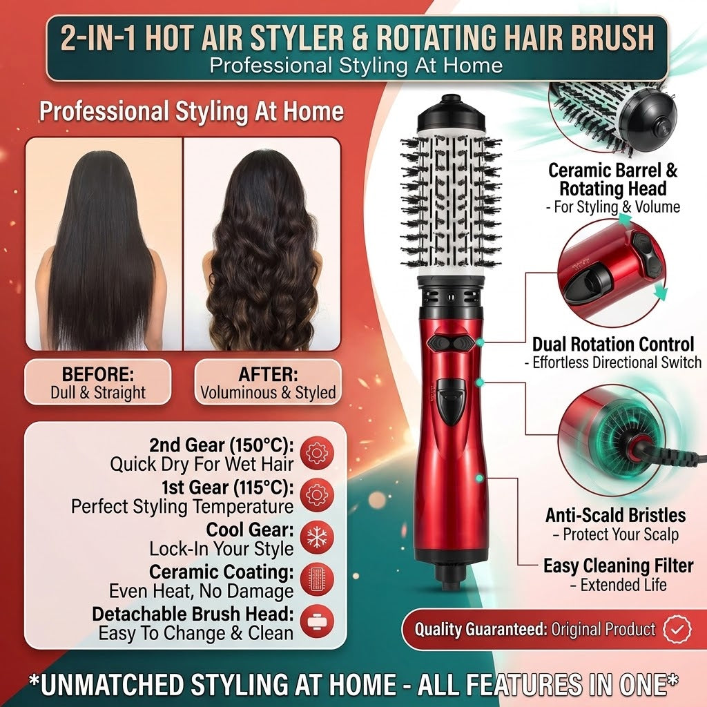Rotating hot air styler with 360 degree rotating brush by Luxe Carries