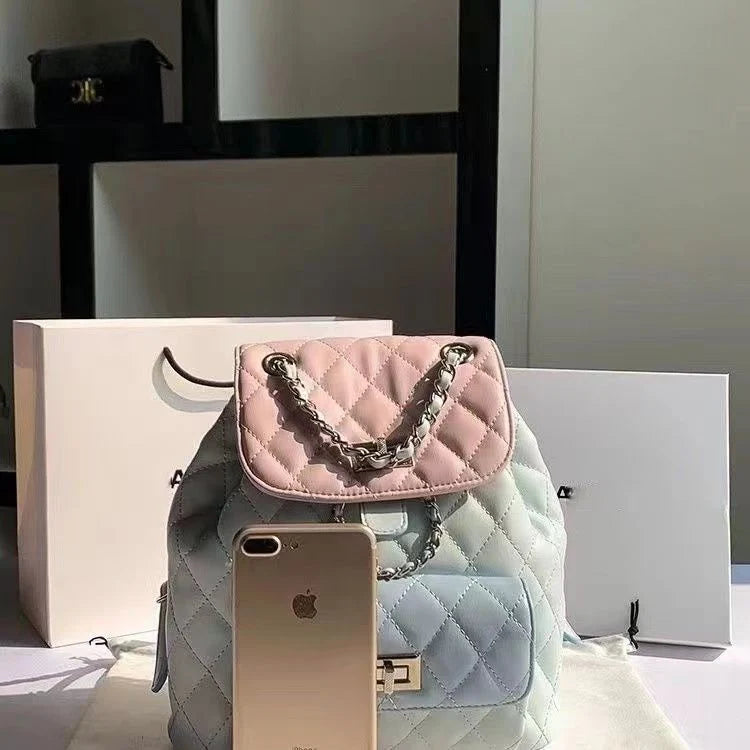 Women's High-end Diamond Grid Contrasting Chain Backpack - Luxecarries