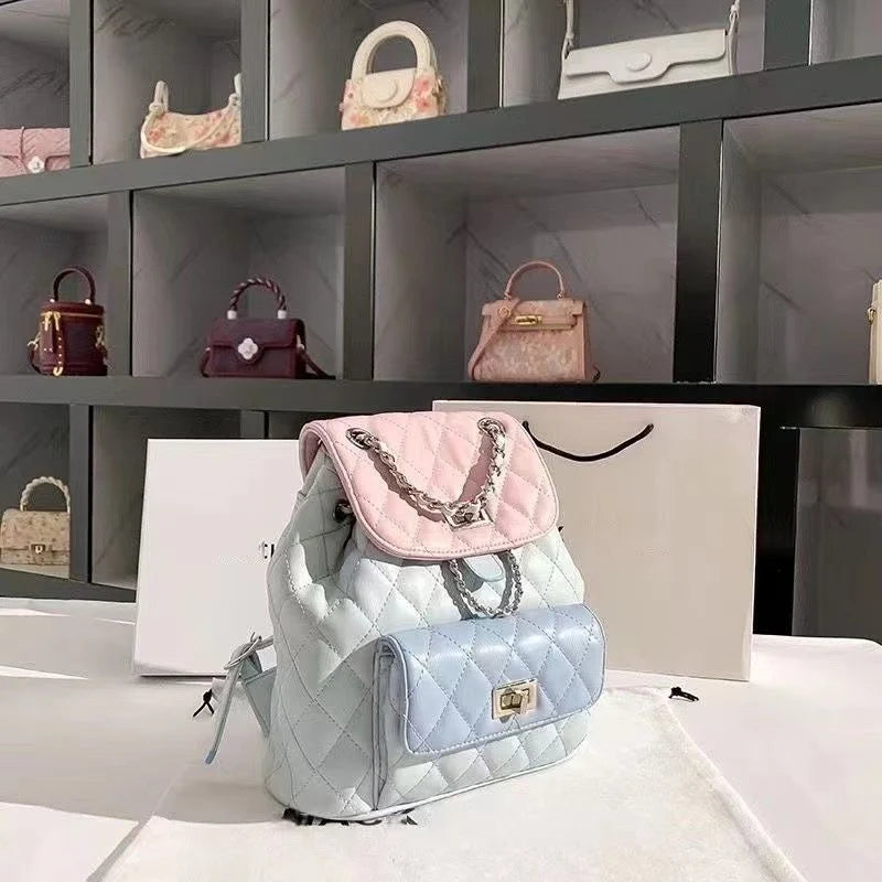 Women's High-end Diamond Grid Contrasting Chain Backpack - Luxecarries